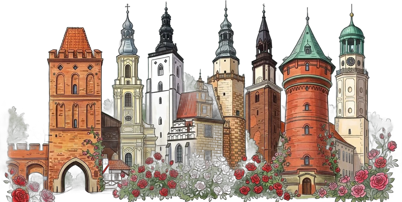 Rysunek najważniejszych wież Oleśnicy wśród róż — miasto wież i róż